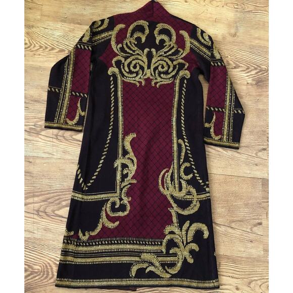 Vertigo Jacquard Black/Red/Gold Long Open Wool Blend Cardigan Sweater Size S NWT - Picture 2 of 11
